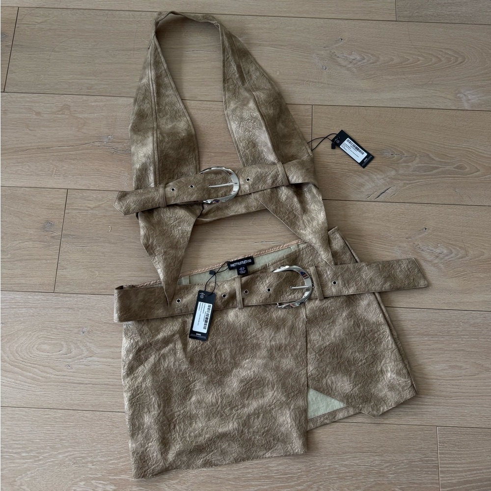 Pretty Little Thing Tan faux leather Halter Top and Skirt Set with Belt